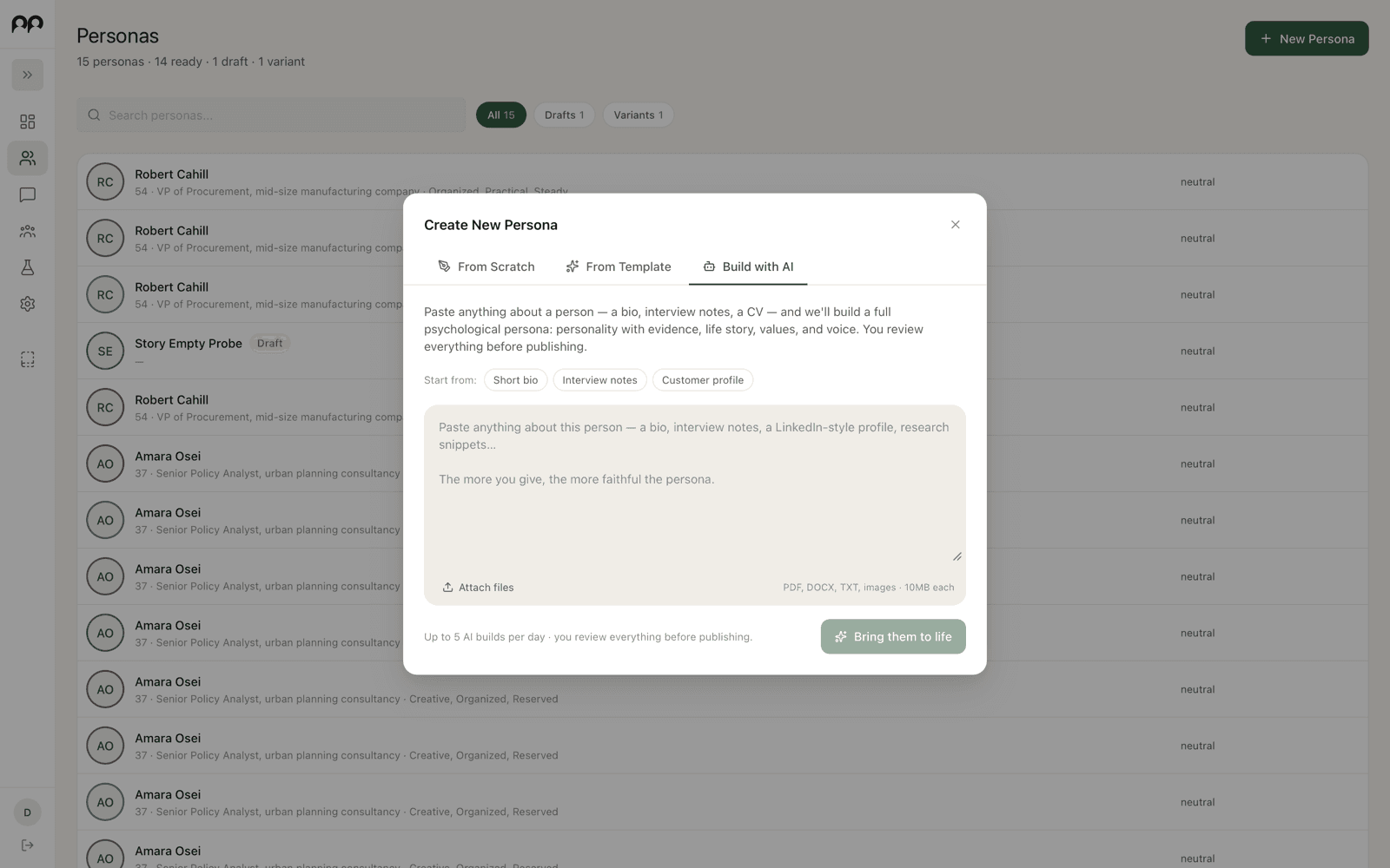 The Build with AI dialog for creating a persona