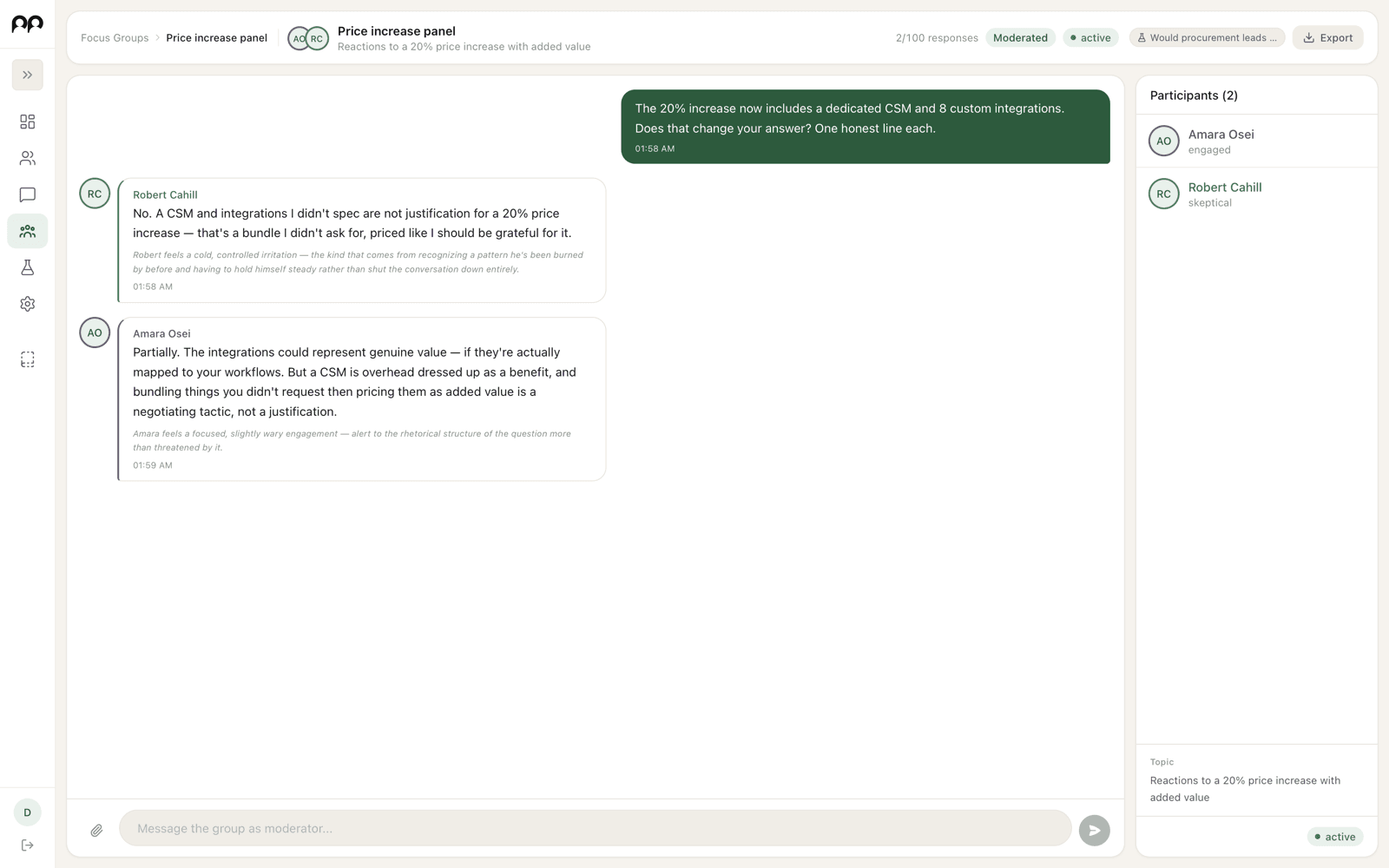 A moderated focus group with two personas’ replies