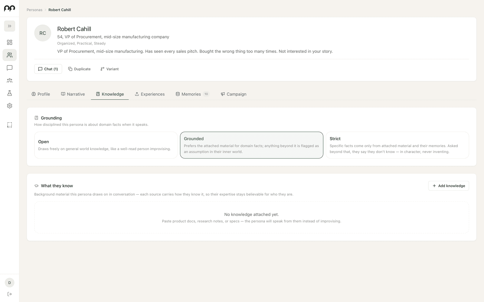 The grounding setting on the Knowledge tab, set to Grounded