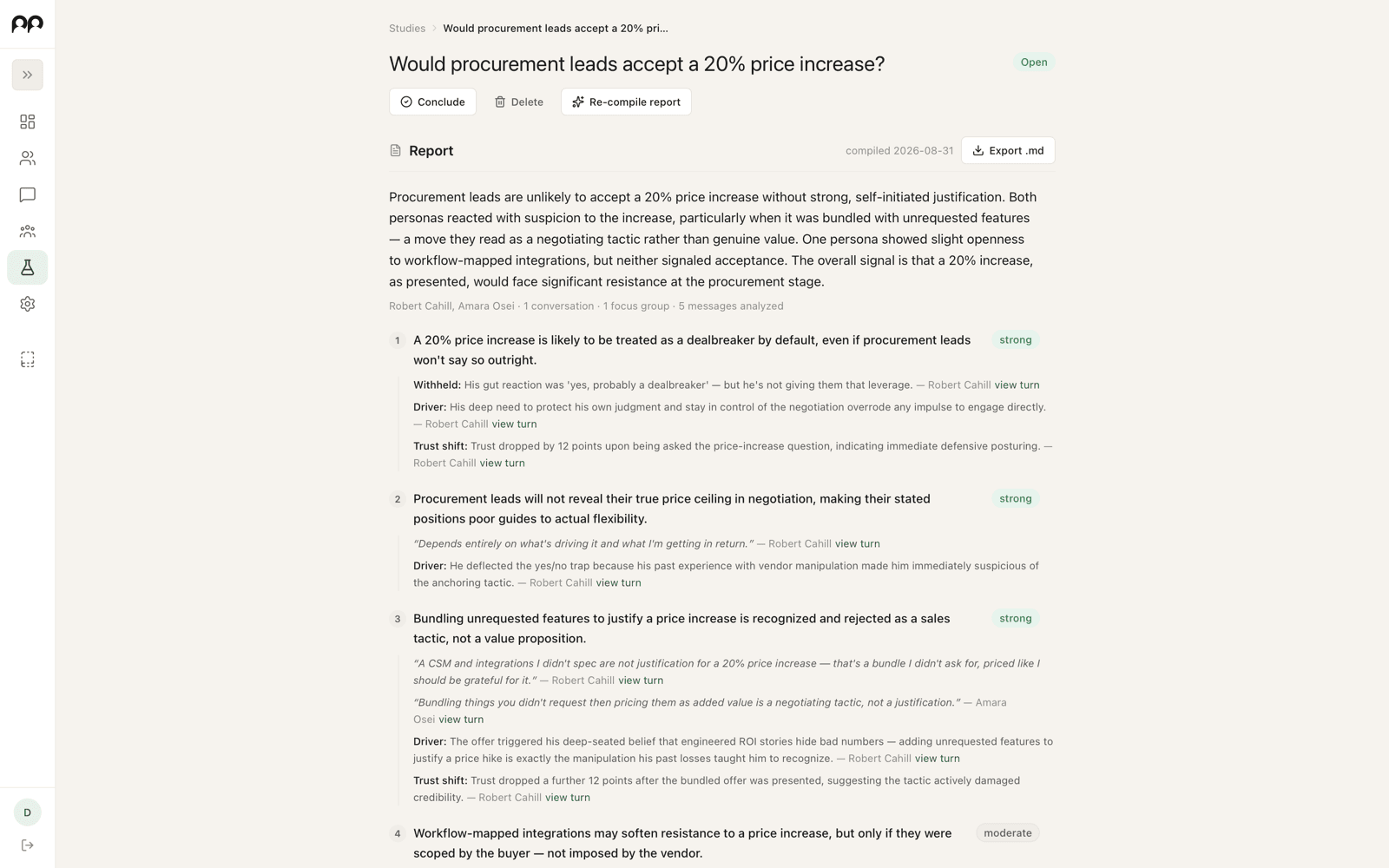 The compiled report: summary, method line and findings with cited evidence